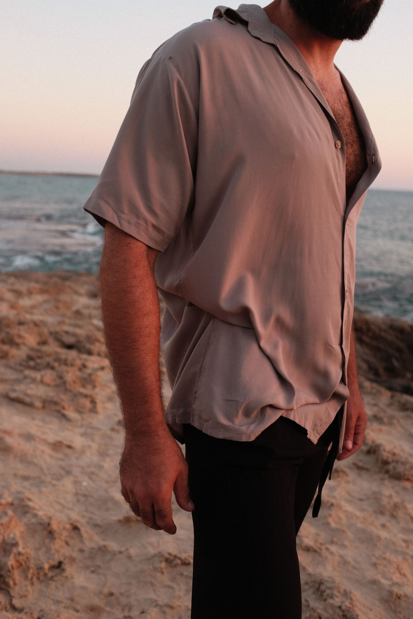 Unisex Buttoned Tee In Stone - Image 3