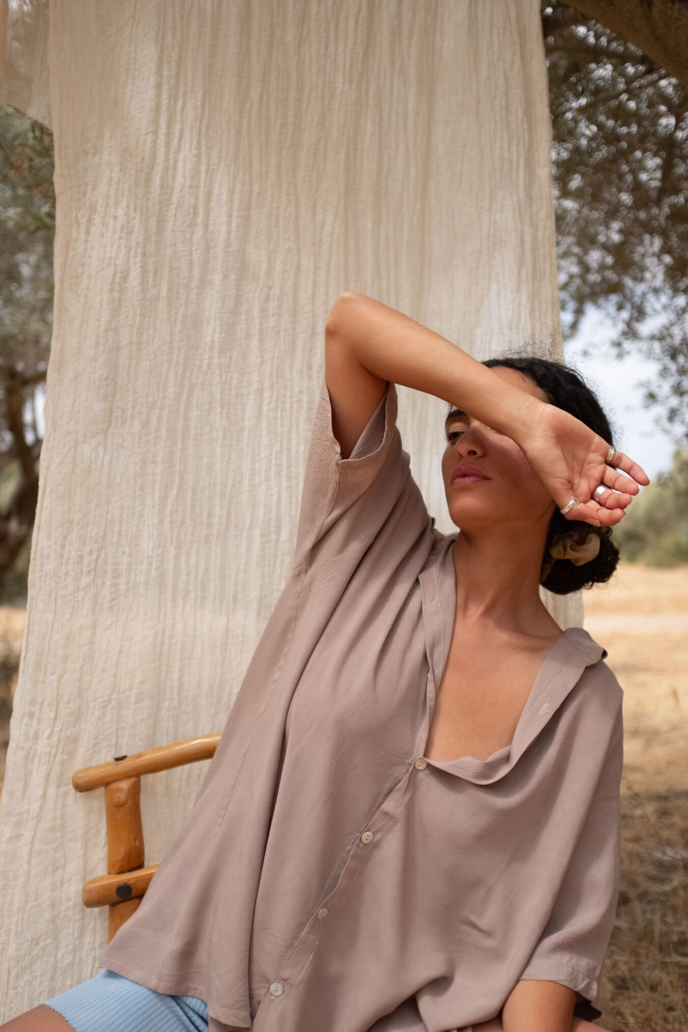 Unisex Buttoned Tee In Sand - Image 3